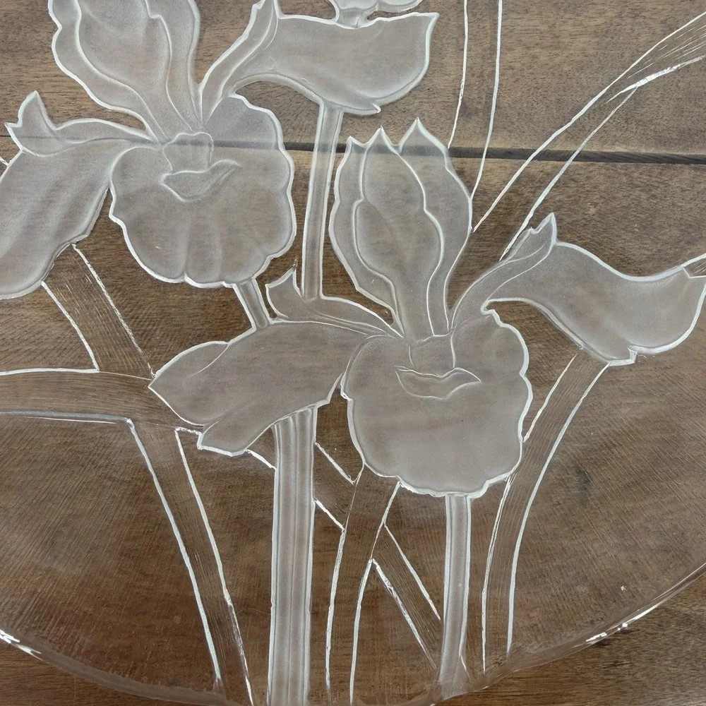 Vintage Dorothy Thorpe Sand Etched Glass‎ Iris Platter MCM Serving Plate 12
